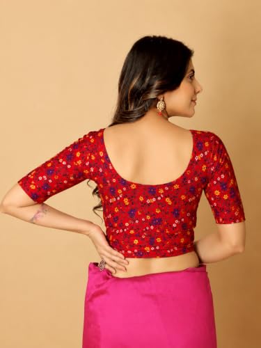 Image of Amazon Brand - Anarva Round Neck Dobby Cotton Lycra Stretchable Elbow Half Sleeve Readymade Saree Blouse for Women Stylish