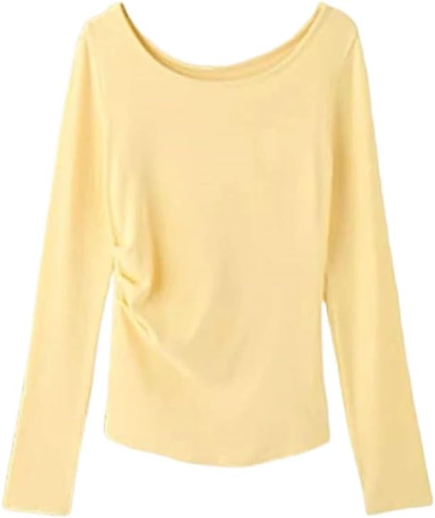 Round Long Sleeve T-Shirt Women's Slim Fit Simple Basic Inner Yellow and Black Top Women's Clothing Chic