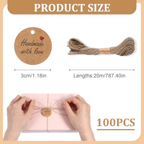 Nogeqi 100 Stück Geschenkanhänger Kraftpapier, Rund Handmade Mit Liebe Gemacht Anhänger, Handmade With Love Mini Gift Paper Tags Braune Etiketten Mit Jutekordel 20 Meter Für Hochzeit Valentinsta