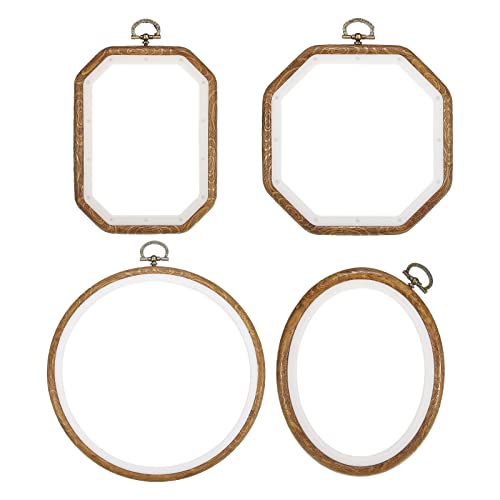 PATIKIL 4 Pieces Embroidery Hoops Set Imitated Wood Frame Circle Oval Rectangular Octagonal Cross Stitch Hoop Ring for Embroidery Art Craft Handy Sewing Decor