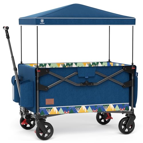 EVER ADVANCED Foldable into Bag Travel Wagon Stroller for 2 Kids & Cargo, Collapsible Toddler Wagon with Removable Canopy, Adjustable 5-Point Harness, Lightweight Carry-on Stroller for Airplane
