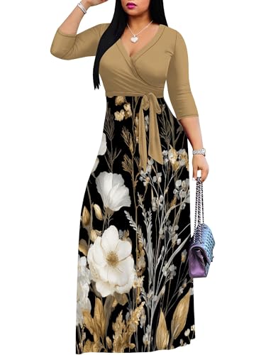Image of SUZONANA Plus Size Dresses for Women Floral Print Maxi Dress Flowy 3 /4 Sleeve with Belt
