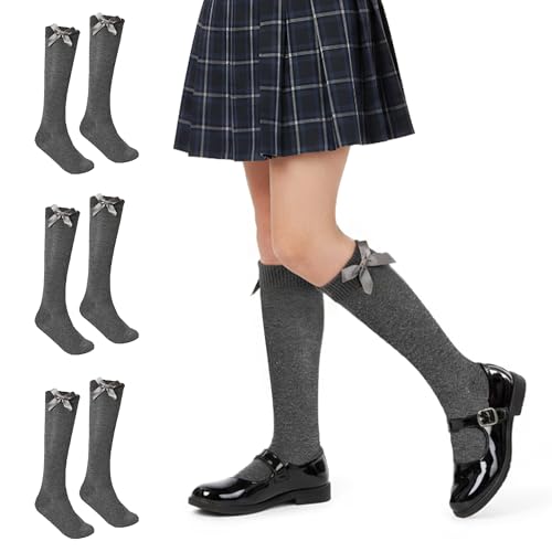 J&A MARTS 3 Pairs Girls Grey Knee High School Socks Cotton Socks With Fluffy Ribbon Bows Back to School Socks Uniform Party Wear Long Girls Knee High Socks (UK 4-6)