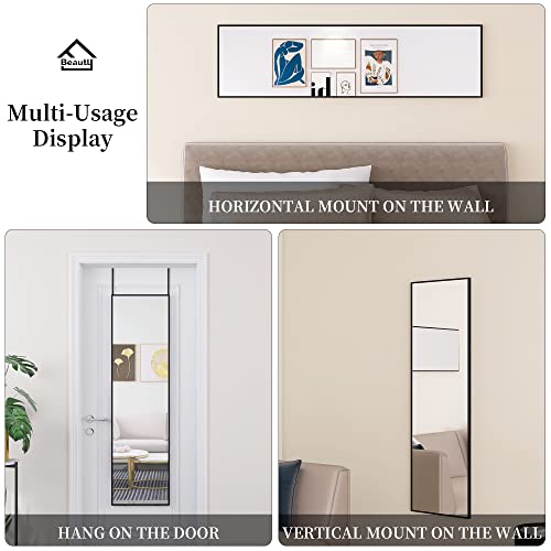 Beauty4U 50\" X 14\" Over The Door Mirror Full Length, Black Hanging Mirror for Door, Over Door Full Body Mirror with Hooks, Door Mirror for Bedroom, Living Room, Closet, Bathroom, Black