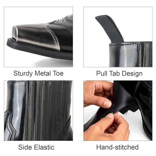 Image of Men's Vintage Patent Leather Chelsea boots, Steel Toe Chelsea Ankle Boots with Embroidered Detail