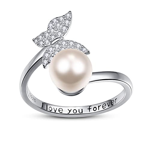 Dreamboat Butterfly Ring Pearl Ring Adjustable Sterling Silver Rings For Women June Birthstone Jewelry Promise Rings For Her Open Rings Size 7-9 #TOP25