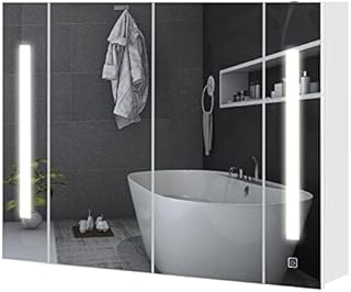 TUKAILAi Bathroom Mirror Cabinet With Illuminated LED Lights Wall Mounted Storage Cabinet with 3-Color Lights & Adjustable Storage Shelves 2 Door Cupboard Waterproof Bathroom Shower Room Furniture