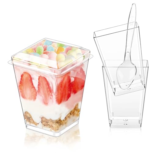 Hiasobre 25Pack 5oz Plastic Dessert Cups with Lids and Spoons, Reusable Clear Parfait Appetizer Cups, Square Party Shooter Serving Cup, Mini Dessert Shot Glasses for Tasting