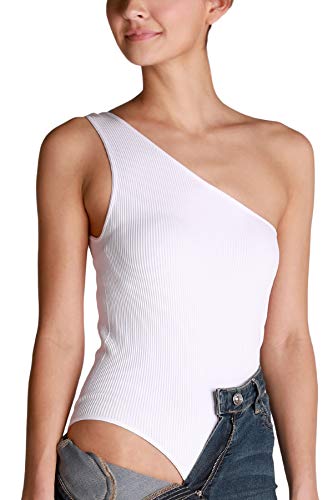 NIKIBIKI Women Seamless Ribbed One Shoulder Bodysuit, Made in U.S.A, One Size (White)
