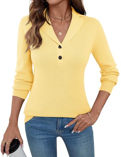 Image of LOMON Sweaters for Women 2025 Fall Knitted V-Neck Collared Button Pullover Dressy Casual Long Sleeve Polo Shirts Business