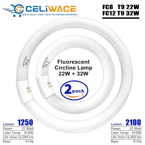 FC8T9/CW 22W and FC12T9/CW 32W Cool White Set, 8 inch T9 22 Watts Circular Light Bulbs, 12 inch 32 Watts Circline Fluorescent Bulb Round Ring Bulb CRI 80, G10q Prong
