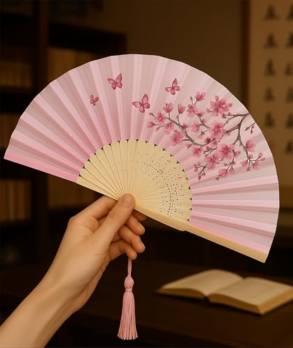 Image of 2PCS Chinese Fan for Hand, Hand Fan Manual, Japanese Fan Hand Fan Foldable Fans Silk Folding Fans with Bamboo Frames for Dancing Wedding Party Decoration Pink Floral