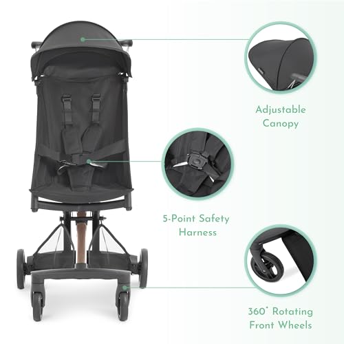 Evolur Roamer Ultra Lightweight Stroller, Compact One-Hand Self-Standing Fold Travel Stroller with 5-Point Safety Harness, Adjustable Sun Canopy, 360° Rotating Wheels with Cup Holder - Gold Black