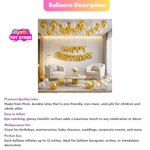 Image of 50 Pcs Gold White Metallic Chrome Balloons for Birthday Decoration Items Anniversary Baby Shower Girls Year With Latex Transparent Metallic Balloon Happy Birthday Decoration Set Kit Combo