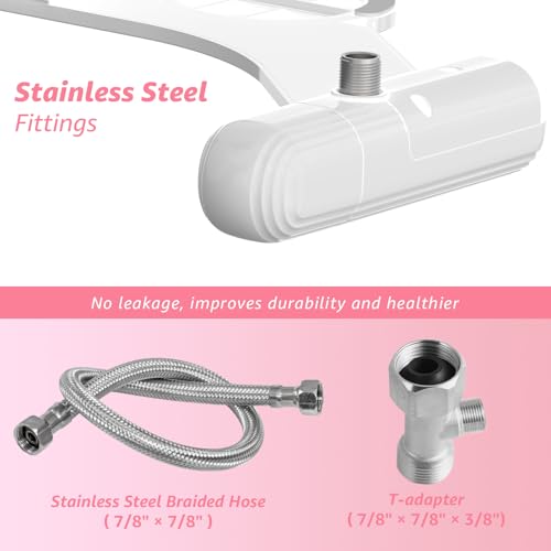 Huttdmel Ultra-Slim Bidet Attachment for Toilet, Non-Electric Dual Nozzle (Rear & Feminine Wash), Adjustable Fresh Cold Water Pressure, Stainless Steel Inlet, Easy to Install(Pink & White)