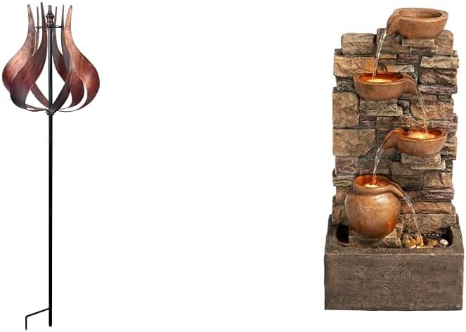 Teamson Home Outdoor Décor Set – 70” Copper Tulip Wind Spinner & 28.5” 4-Tier Cascading LED Water Fountain – Garden, Patio & Backyard Decor for Calming Ambiance