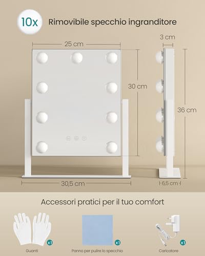 SONGMICS Specchio da Trucco con Luci, Controllo Touch, 9 LED Dimmerabili, 3 Temperature Colore, 25 x 30 cm, Bianco Opaco LWM005WC02 - Immagine 4