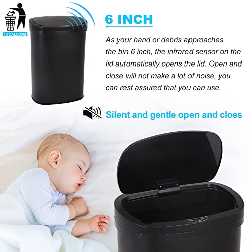 13 Gallon Touch Free Automatic Stainless Steel Trash Can Garbage Can Metal Trash Bin With Lid For Kitchen Living Room Office Bathroom, Electronic Motion Sensor Automatic Trash Can - Black #TOP2
