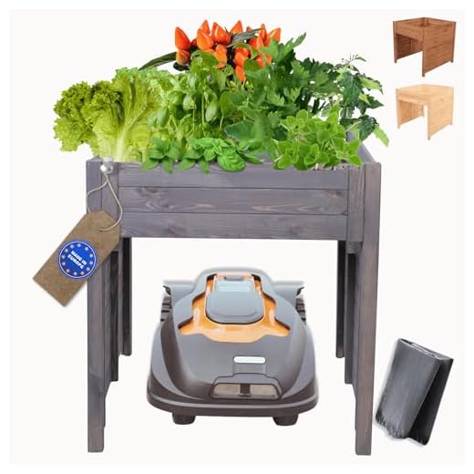 MODO24 Mährobotergarage, Rasenmäher Garage, Mähroboter Garage aus robustem Holz, Pflanzkasten mit Schutzfolie, Wetterfest, Blumenregal, Blumenständer, FSC Holz, Abmessungen 76x79x74 cm, Farbe: Grau