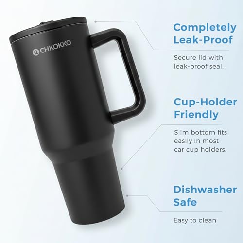 Image of CHKOKKO Stainless Steel Tumbler with Straw & Side Handle 1200ML Leak-Proof Travel Mug | Hot and Cold Double Insulated 1.2L Premium Water Bottle for Travel Gym & Office Use