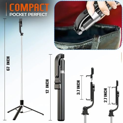 Image of EDNITA E9 Selfie Stick Tripod With Light, 67 inch /170CM Reinforced Tripod for Mobile Phone, Multi-Functional Bluetooth Long Selfie Stick for Travel,Vlogging,Compatible with iPhone and All Smartphones