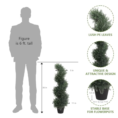 THE BLOOM TIMES 3ft Spiral Artificial Topiary Trees Set of 2, 36 inch Faux Cedar Trees for Outdoor Planters - Fake Twist Cypress Plants for Garden Front Porch Indoor Outside Decor 3 Foot