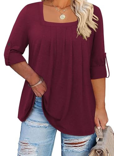 Kancystore 2XL Womens Tops Plus Size Fall 3/4 Sleeve Basic Solid Loose Fit Swing Tunics Wine Red