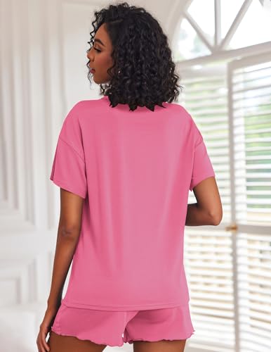 Image of Ekouaer Pajamas Set for Women Short Sleeve Lounge Set 2 Piece Loungewear PJs Soft Cute Lightweight Sleepwear,XX-Large Rose