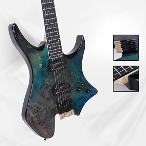 Leo Jaymz 6 Strings Headless Electric Guitar - Full Scale Travel Guitar - Alder Body And 5 Piece Maple Neck - Burl Veneer - Customized Pickups (Burl) #TOP2