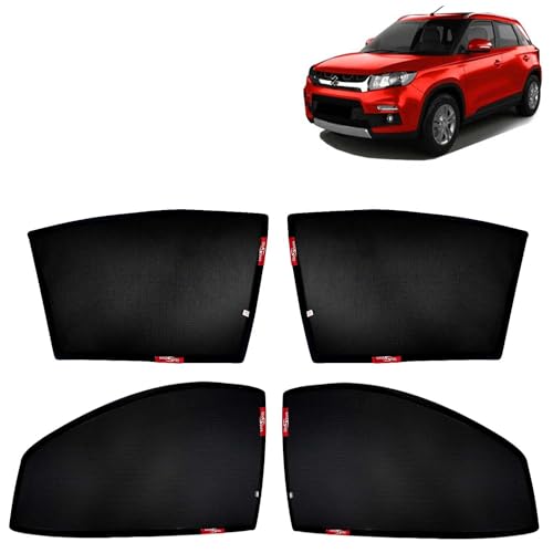 Image of KINGSWAY Car Sun Shade Curtains Only Compatible with Maruti Suzuki Vitara Brezza (2016 to 2019) | Z-Black Fix-Type (Non-Magnetic) | UV & Heat Protection | Pack of 4 Pcs