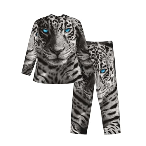Leopard With Blue Eyes Mens Pajamas Set Button Down Sleepwear Set Long Sleeve Loungewear With Pockets4