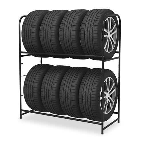 Relaxdays Reifenregal für 8 Reifen, HxBxT: 117 x 107 x 46 cm, 200 kg, Stahl, 2 Ebenen, Räderregal, Reifenlager, schwarz
