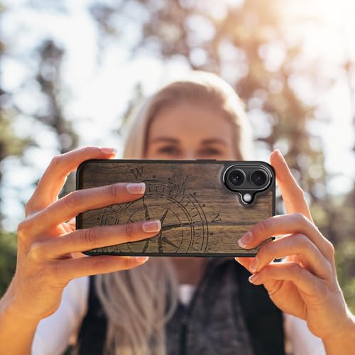 Image of Carveit Wood Case for iPhone 16 Plus, The Incomplete Compass, Walnut | Magnetic iPhone 16 Plus Case Compatible with MagSafe Wireless Chargers, Engraved Wood with Soft TPU Shockproof Bumper