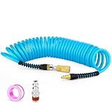 GORAGUCHI 1/4' x 25 ft Polyurethane Coiled Air Hose with Bend Restrictor, Includes 360°Swivel 1/4' Industrial...