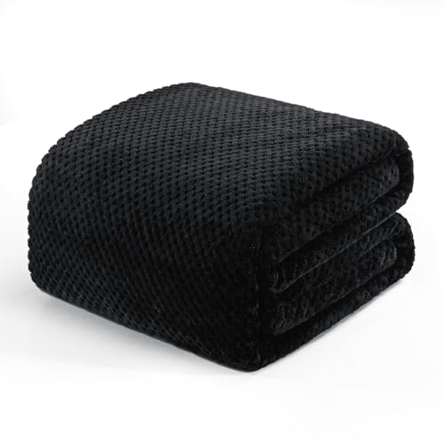 Exclusivo Mezcla Decke Kuscheldecke Flauschig Fleecedecke Wohndecke mit Waffelmuster, Leichte, Weiche & Warme Sofadecke Bettüberwurf, 150x200 cm Schwarz