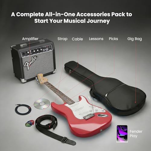 Image of Fender Squier Stratocaster - Torino Red Bundle with Frontman 10G Amplifier, Gig Bag, Strap, Instrument Cable, Picks, and Austin Bazaar Instructional DVD