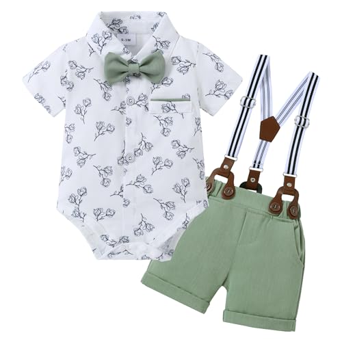 Image of ZOEREA Baby Boy Clothes Suit Infant Short Sleeve Gentleman Outfits Dress Shirt+Bowtie+Suspender Shorts 0-18M