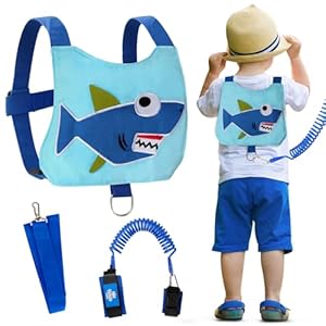 Lehoo Castle Baby Leashes for Toddlers, Toddler Leash for Boys, 4-in-1 Toddler Safety Harness Leash + Anti Lost Wrist Link, Kid Leashes for Walking(Shark Blue)