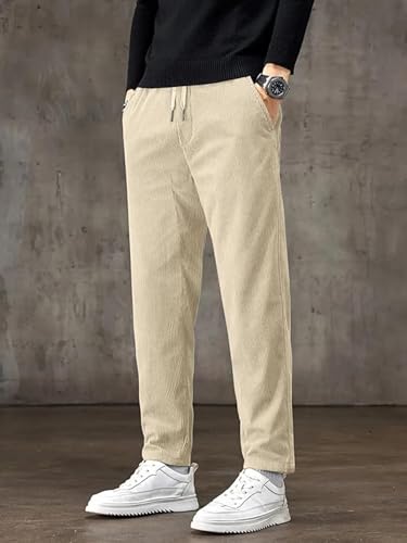 Image of BLUECORP ENTERPRISE Men's White Corduroy Casual Pants, Straight Leg, Drawstring Waist, Pockets