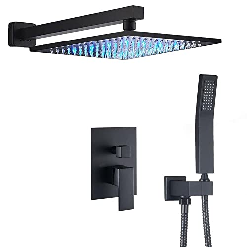 Robinet de douche noir mat et colonne de douche pluie LED avec pulvérisateur à main