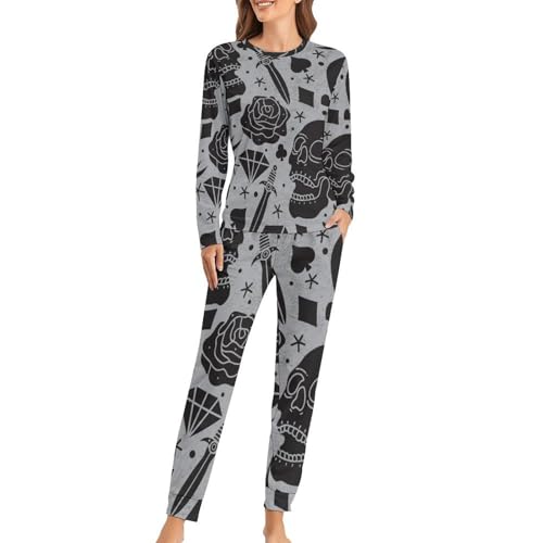 Pyjama femme crânes noirs haut de gamme en maille douce t-shirt manches longues et pantalon