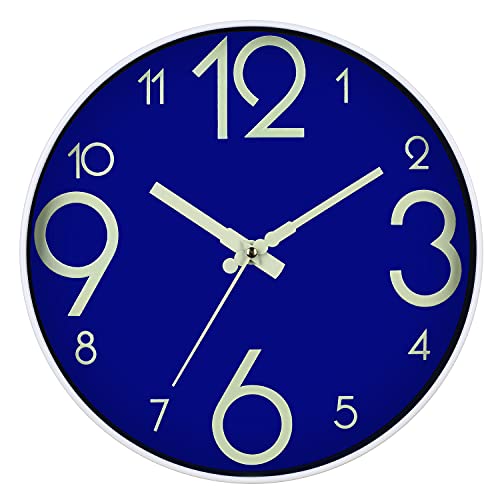 BECANOE Night Light Function Wall Clock Sapphire Blue 12 Inch Silent Non Ticking Quartz Battery Operated Round Easy to Read Home Kitchen Office School Decorative Clocks