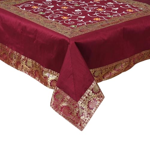 Image of New Year Room Decor Embroidery Brocade Silk Table Cover for Centre & Dinning Table and 4 & 6 Seater Dining Table /Tablecloth, (50 By 50 Inches) (Maroon)