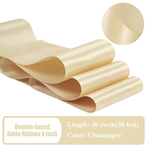 Huihuang Champagne Ribbon 4 Inch Wide Solid Color Double-Faced Satin Ribbon Champagne Fabric Ribbon For Wedding Chair Sash Large Bows Making Party Decor Sewing Crafts Floral Bouquet-10 Yards/Roll #TOP2