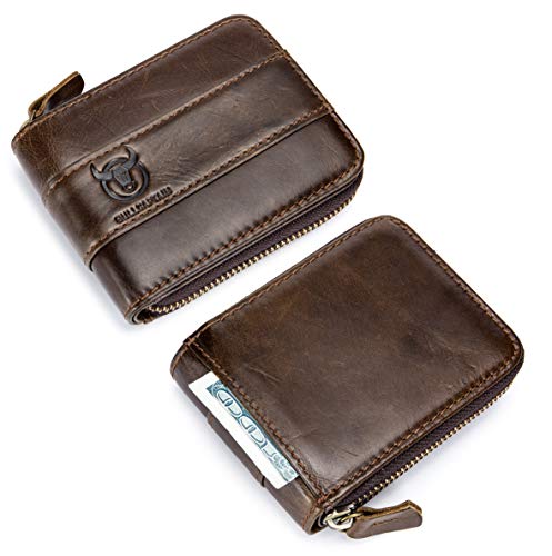 BULLCAPTAIN Mens Leather Wallet Zipper RFID Blocking Wallets Coins Purse (Deep brown)2