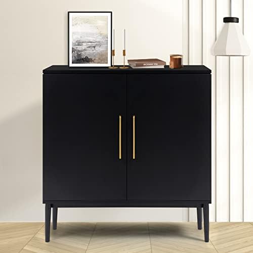 KFO Storage Cabinet with Doors, Black Accent Cabinet, Modern Free Standing Cabinet, Black Sideboard with Metal Base for Bedroom, Living Room, Kitchen and Office