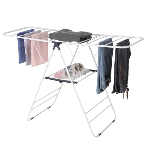 Various Tendedero Plegable de 2 Niveles, Tendedero Independiente con Alas de Secado Ajustables, Estante, 145 x 55 x 95 cm, Color Blanco
