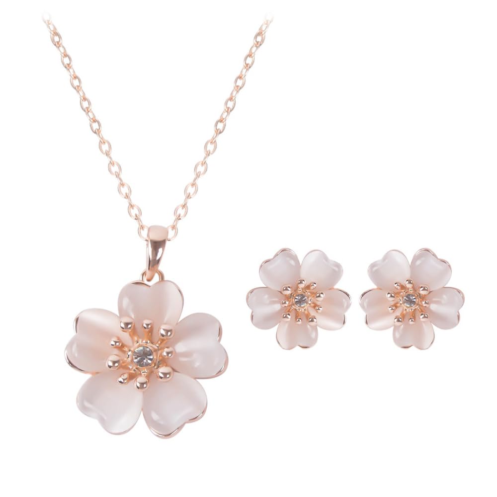 Parure bijoux Sakura délicate collier & boucles d'oreilles cristal œil de chat 4 feuilles & boucles tige trèfle 4 feuilles - Fleur cerisier rose