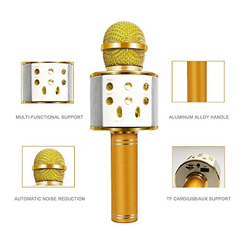 Microfone Bluetooth Sem Fio Karaoke Porta Usb Alto-falante Embutido Dourado