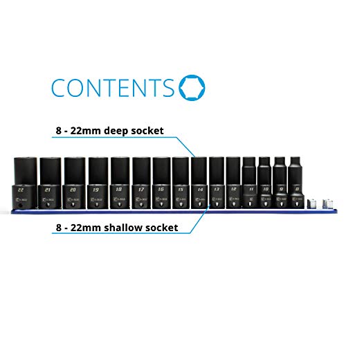 Image of Capri Tools 3 /8 in. Drive Metric Shallow and Deep Impact Socket Set with Billet Aluminum Socket Rail (30-Piece), 8-22 mm, CP53000-30MSDR